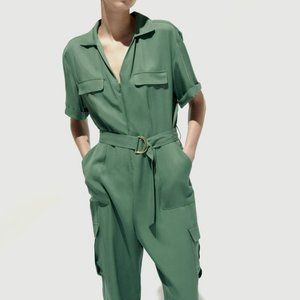 Zara Green BELTED CARGO JUMPSUIT Size M